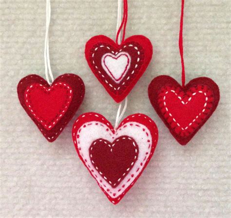 Valentine Heart Ornaments Red And White Felt Hearts Set Of Etsy