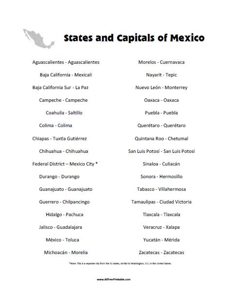 States And Capitals Of Mexico List Free Printable