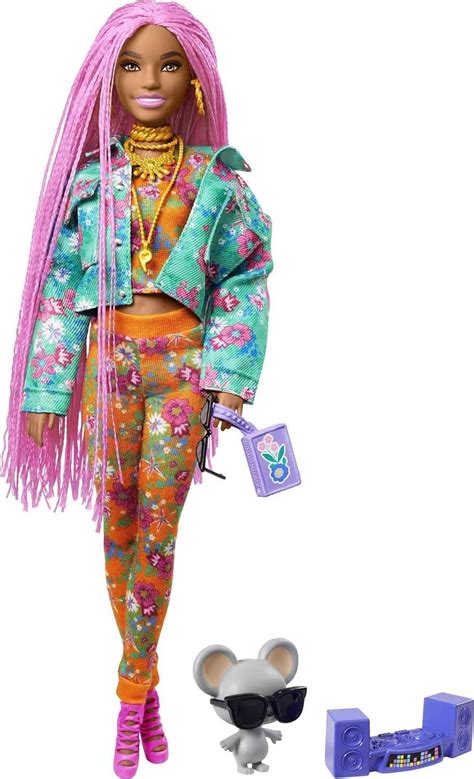 Barbie Extra Doll And Accessories With Long Pink Braids In Teal Floral