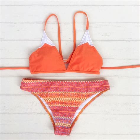 sexy brazilian bikini set orange geometric flowers swimwear women swimsuit bathing suit cami