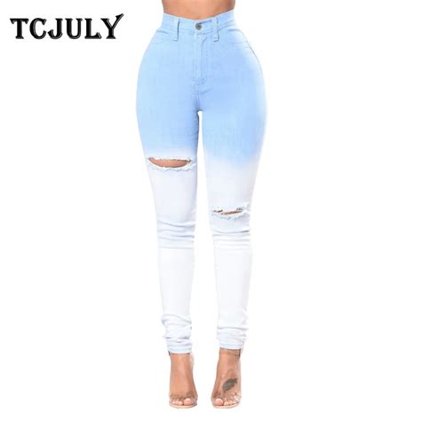 Tcjuly 2018 New Blue White Gradient Casual Jeans For Women Hole Ripped Skinny Push Up Pencil
