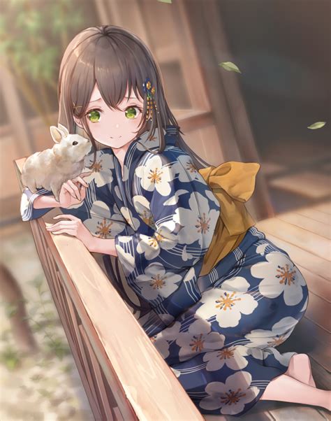 Wallpaper Cute Anime Girl Kimono Blushes Rabbit Pet Green Eyes