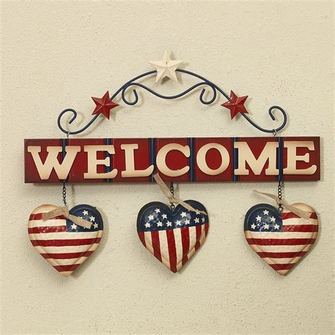 Patriotic Metal And Wood Hanging Welcome Sign With American Flag Hearts