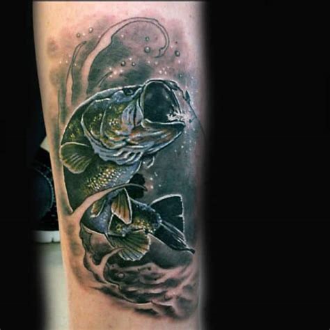 Black fishing tattoo on the leg. 75 Bass Tattoo Designs For Men - Sea-Fairing Ink Ideas