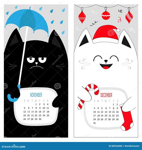 Cat Calendar 2017 Cute Funny Cartoon Character Set November December