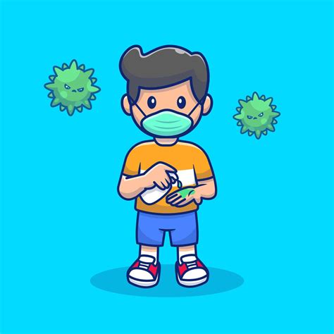 Cute Boy Wearing Mask And Using Hand Sanitizer Cartoon Vector Icon