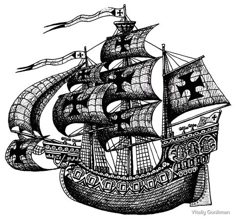 Tall Ship Black And White Pen Ink Drawing By Vitaliy Gonikman Redbubble