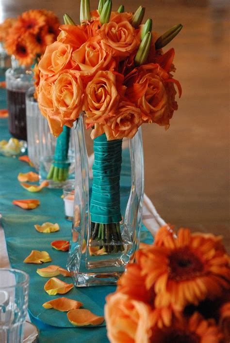 Table Decoration Wedding Reception Orange And Blue Photography Fall
