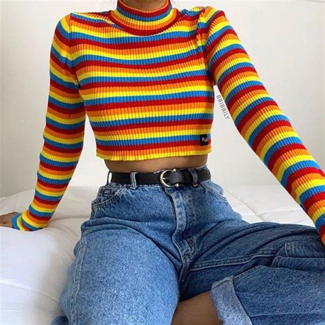 1 or 2? 🌈🍁 Rainbow & Deep Warm Ribbed Top | Retro outfits, Colourful ...