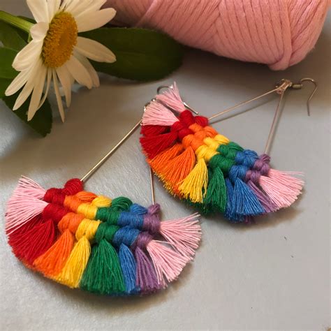 Rainbow Earrings, Triangle Drop Earrings, Macrame Earrings, Gay Pride