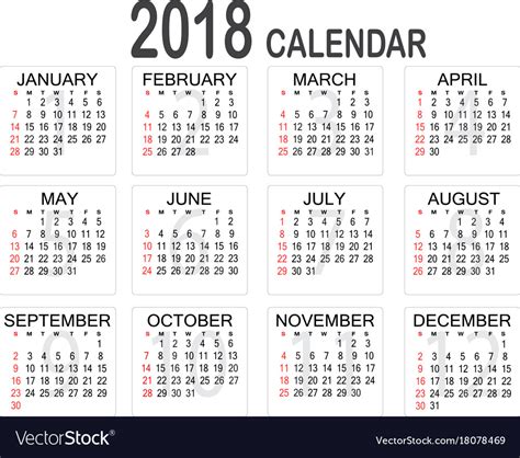 Simple 2018 Year Calendar On White Background Vector Image