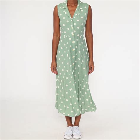 polka dot dress 90s midi pale green sundress button up 1990s sleeveless dress rayon vintage
