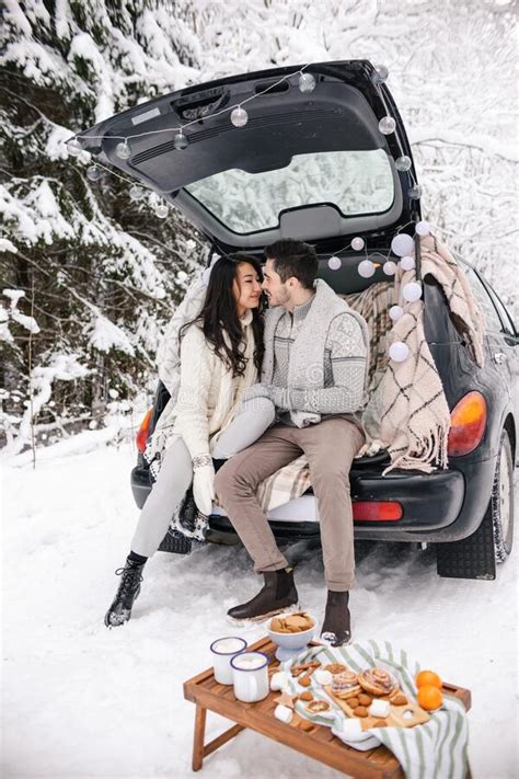 Cute Couple Having Winter Forest Picnic Nature Picnic Love Story Date