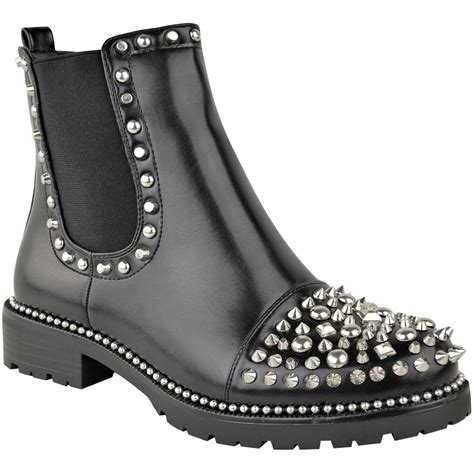 Womens Ladies Spike Studded Chunky Ankle Boots Biker Goth Punk Black