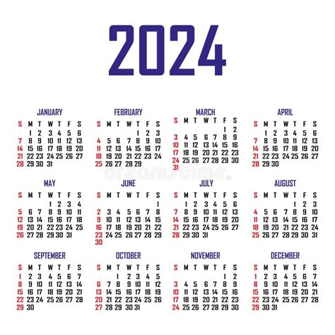 Calendario 2024 Comienzo De La Semana De Domingo Plantilla Del