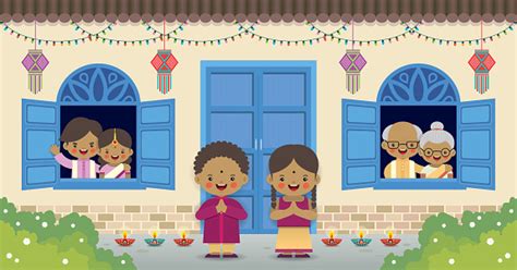 Diwali Atau Deepavali Kartun Keluarga India Merayakan Festival Lampu