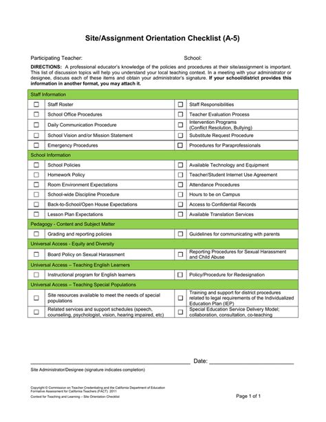 Siteassignment Orientation Checklist A 5 Participating Teacher School
