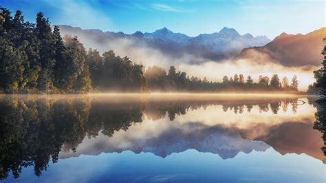 Wallpaper X Px Forest Lake Landscape Mist Mountain Nature Reflection Snowy