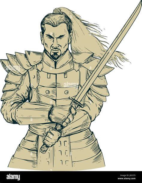 Drawing Sketch Style Illustration Of A Samurai Warrior Holding Katana