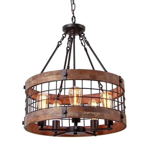 Farmhouse Wood Circle Chandelier Black Metal Cage 5 Light Exposed Bulbs