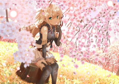 Wallpaper Anime Girl Blonde Elf Cherry Blossom Petals