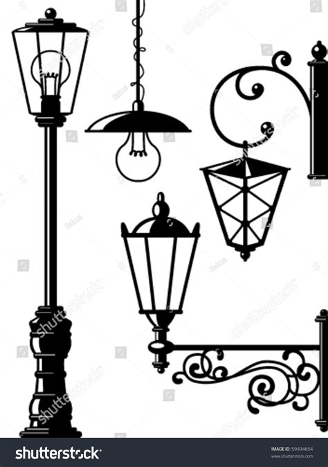 Silhouettes Of Retro Lanterns Street Lamps Stock Vector Illustration