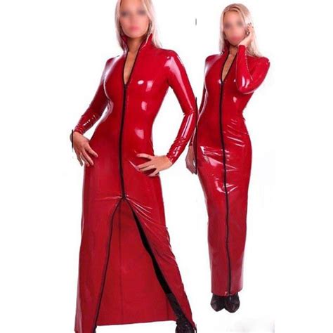Red Latex Dress Rubber Evening Dresses Sexy Party Long Sleeve Gown