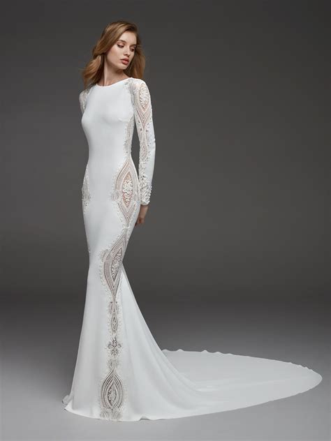 Long Sleeves Crepe Beaded Detailing Sheath Wedding Dress Kleinfeld Bridal
