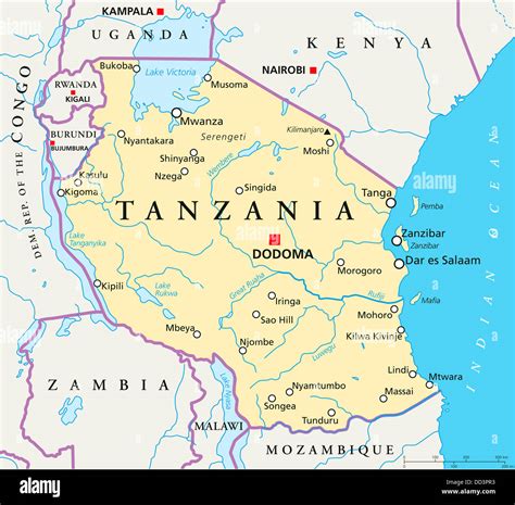 Mapa Político De Tanzania Con Capital Dodoma Las Fronteras Nacionales