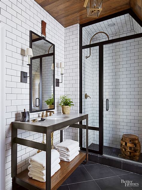 Points of interest ● shower enclosure with white beveled subway tile wall ● beige marble mosaic floor tiles in diagonal pattern ● window and transom. 31 Breathtaking Walk-In Shower Ideas | Better Homes & Gardens