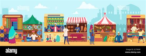 Asian Street Market Flat Vector Illustration People Shopping At Local