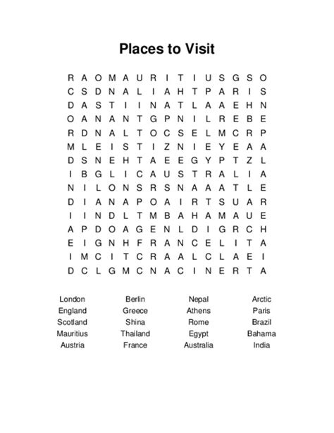 Places To Visit Word Search