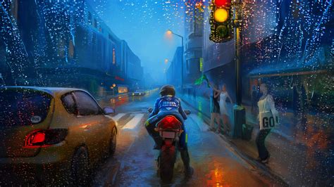 Man On Bike In Rain 4k Hd Vaporwave Wallpapers Hd Wallpapers Id 49821
