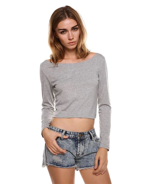 sexy women long sleeve crop tops cropped scoop neck casual t shirt tops in t shirts from women s