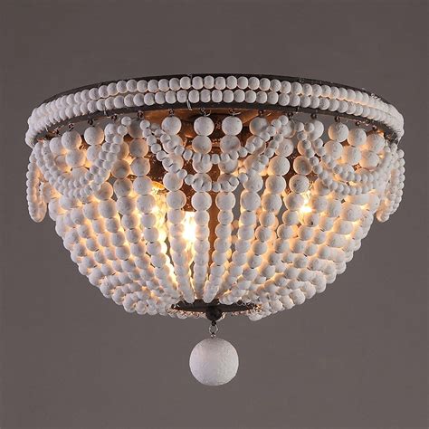 Rustic White Wood Bead Flush Mount Ceiling Fixture Bedroom Lighting