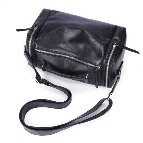 Fashion Black Leather Mens Small Barrel Side Bag Travel Bag Small Bla