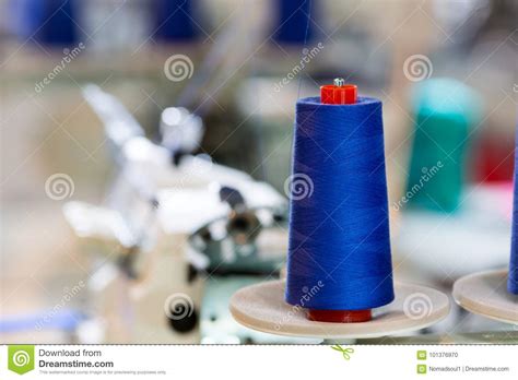 Spools Of Blue Threads On Sewing Machine Factory Stock Photo Image
