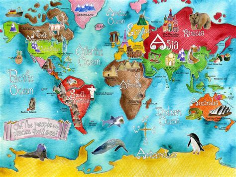 Buy Hand Made Childrens Illustrated Watercolor Art Turquoise World Map