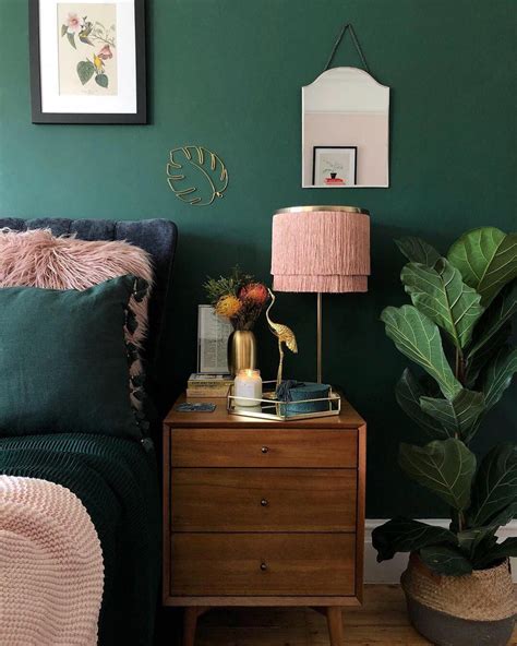 Dark Green And Blush Pink Decor In Bedroom With Mid Century Twist