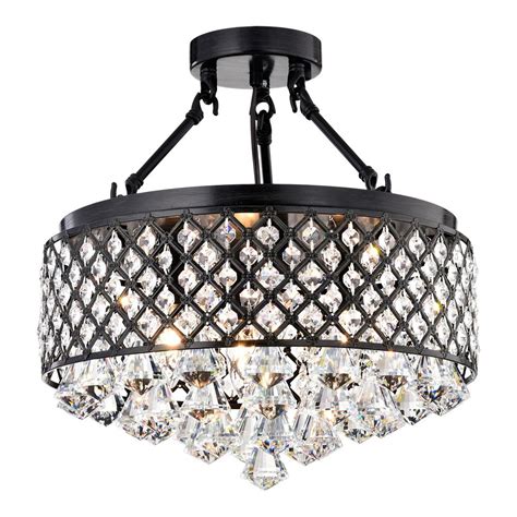 Crystal pendants dangle and strings of crystal beads are wrapped throughout. Edvivi 4-Light Antique Black Semi-Flush Mount Beaded ...