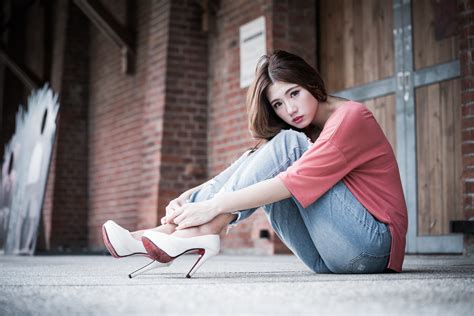 Wallpaper Women Asian High Heels Sitting Jeans Portrait