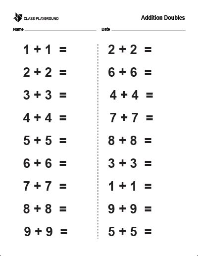 Doubles Addition Facts Worksheets