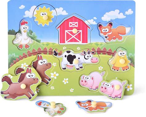 Wooden Peg Puzzle Farm Chunky Baby Puzzles Full Color