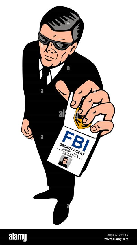 Illustration Of A Fbi Secret Agent In Black Suit And Glasses Holding His Badge Wallet Viewed