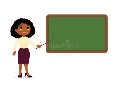 Dark Skin Female Teacher Standing Near Blackboard Flat Illustration