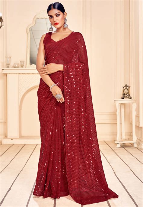 Sequinned Georgette Saree In Red Spf1819