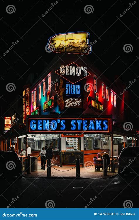 Geno`s Steaks At Night In Philadelphia Pennsylvania Editorial Image