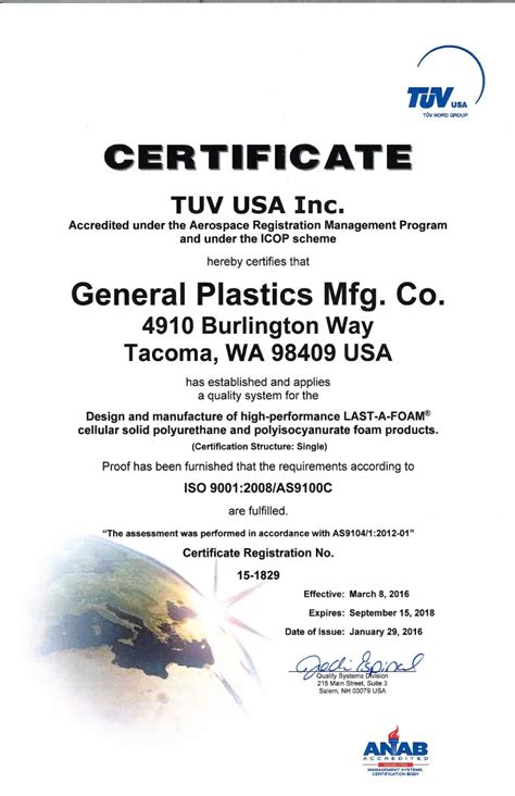 General Plastics Announces As9100 Rev C Quality Management System
