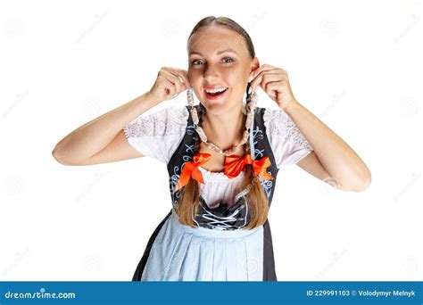 High Angle View Of Oktoberfest Woman Waitress Wearing A Traditional Bavarian Or German Dirndl