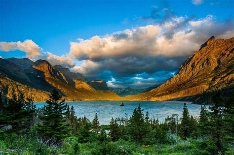 Glacier National Park Montana Clouds Sky Mountains Lake Trees Hd